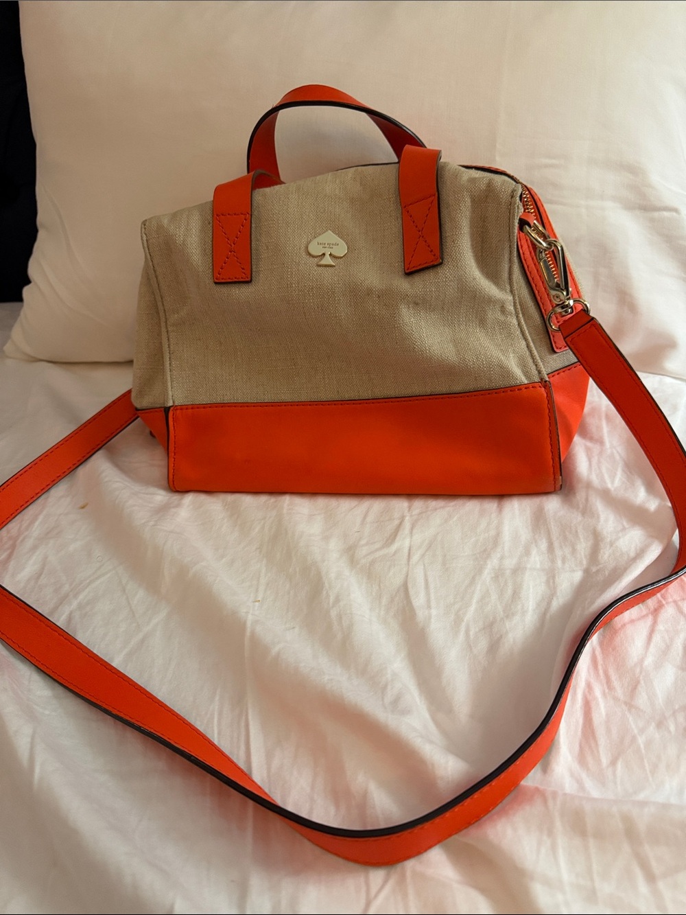 kate spade beige canvas with bright orange leather satchel
